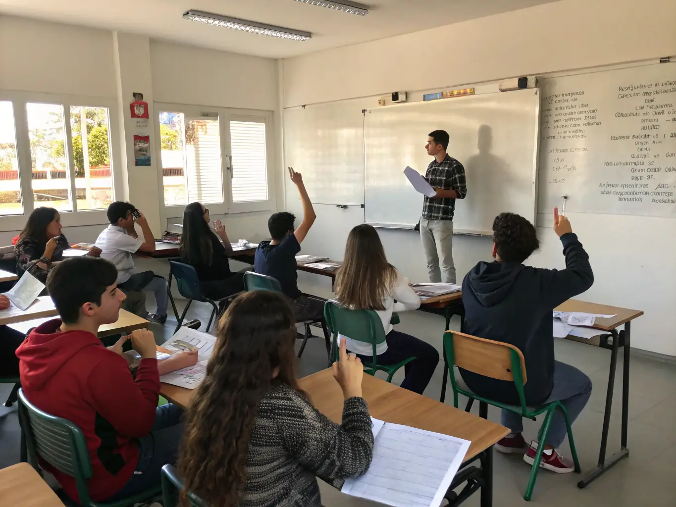 A group of young adults participating in a job skills workshop, focusing on resume writing and interview techniques, in a bright and modern classroom setting.