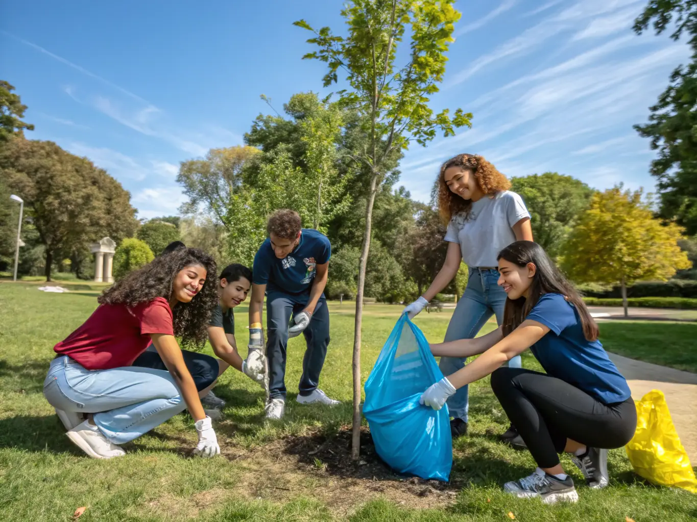 A group of young people participating in a community service project, planting trees and cleaning up a local park, demonstrating teamwork and environmental responsibility.