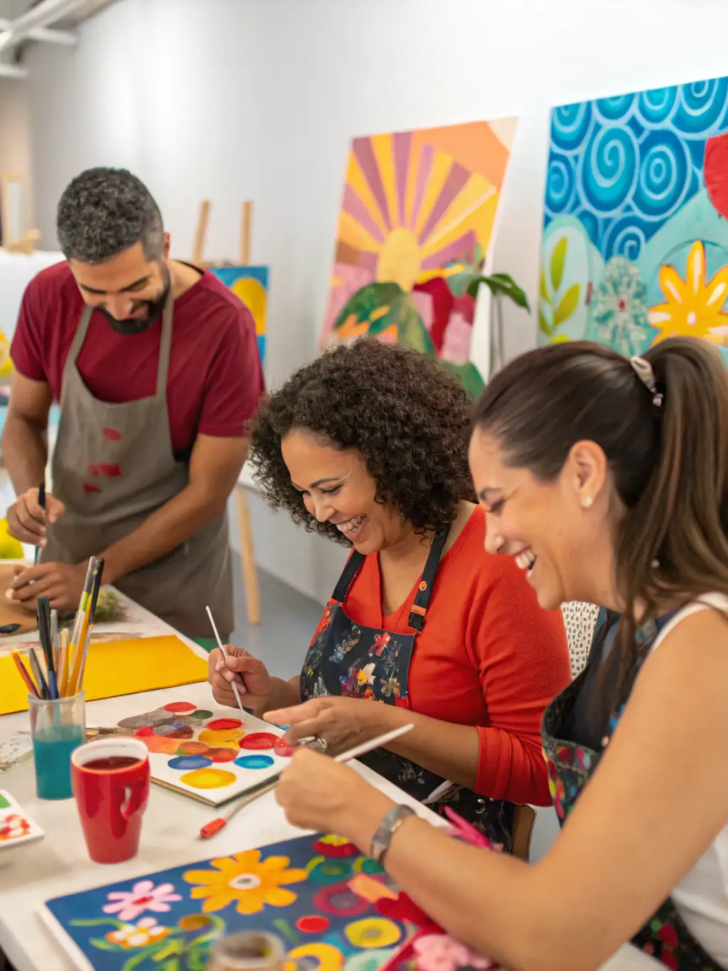 A group of young people engaged in a creative arts therapy session, painting and expressing themselves under the guidance of a therapist.