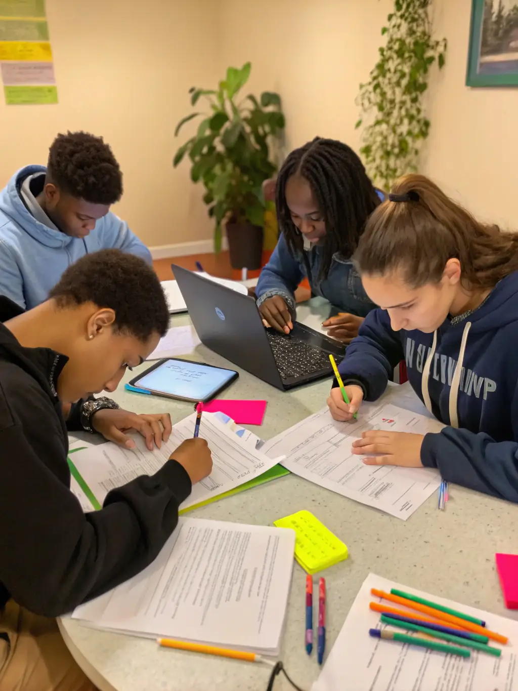 A diverse group of young adults participating in a job skills workshop, focusing on resume writing and interview techniques, in a bright and modern classroom setting.