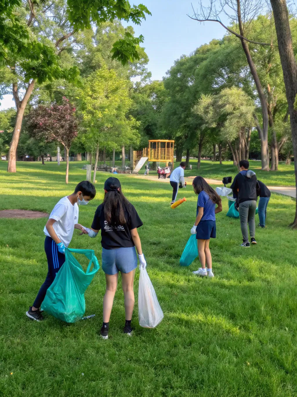 A group of young people participating in a community service project, cleaning up a local park and planting trees, demonstrating their commitment to giving back.