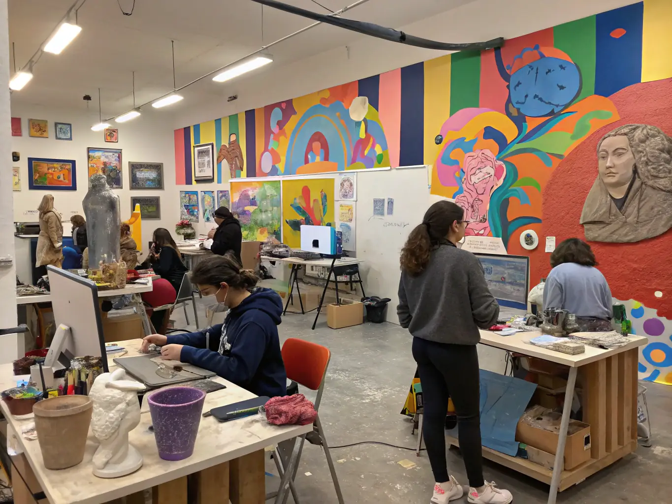 A diverse group of young people engaged in a creative arts workshop, painting and sculpting under the guidance of an instructor, in a vibrant and supportive environment.