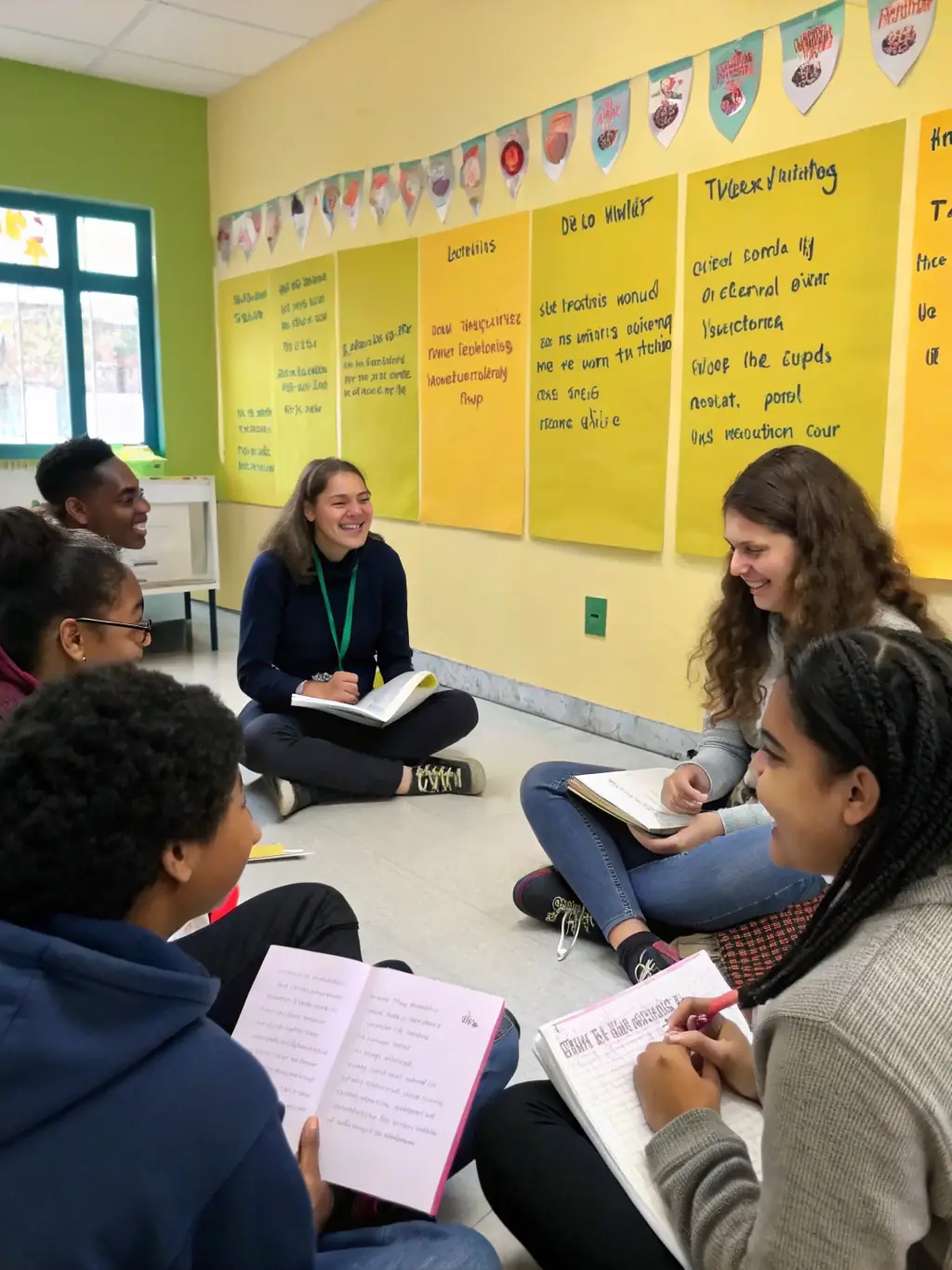 Young adults participating in a group mentoring session, discussing their goals and challenges with experienced mentors in a comfortable setting.