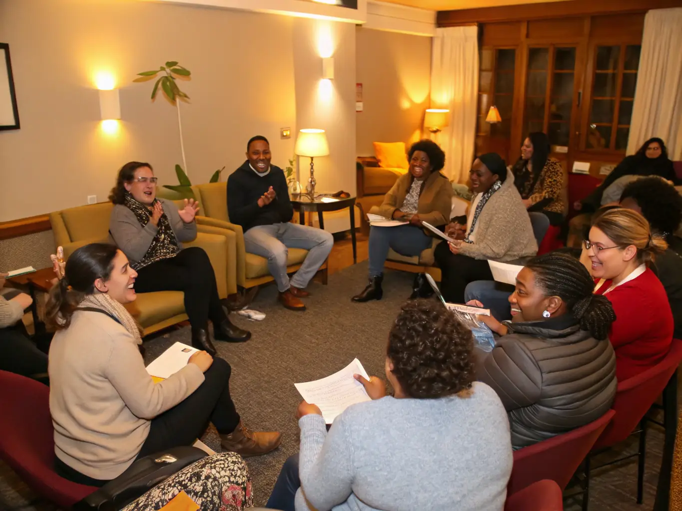 An image showing a diverse group of community members participating in a support workshop or group activity, symbolizing the collaborative spirit of SOLIDARITE ET DEVELOPPEMENT's community support programs.