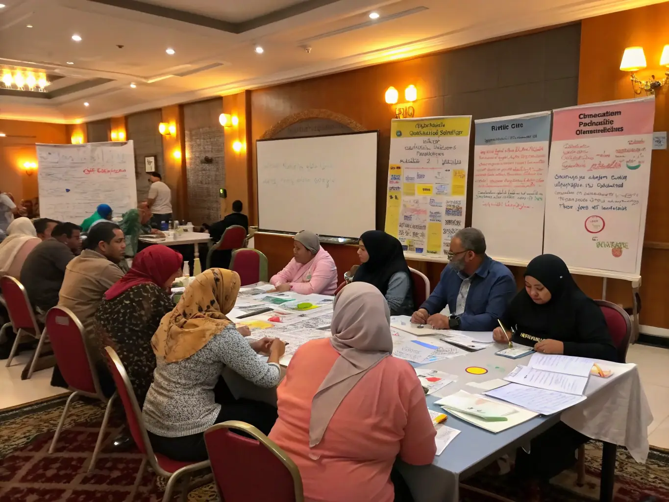 A group of diverse community members participating in a workshop, focused on skill-building and empowerment, reflecting SOLIDARITE ET DEVELOPPEMENT's commitment to fostering growth.