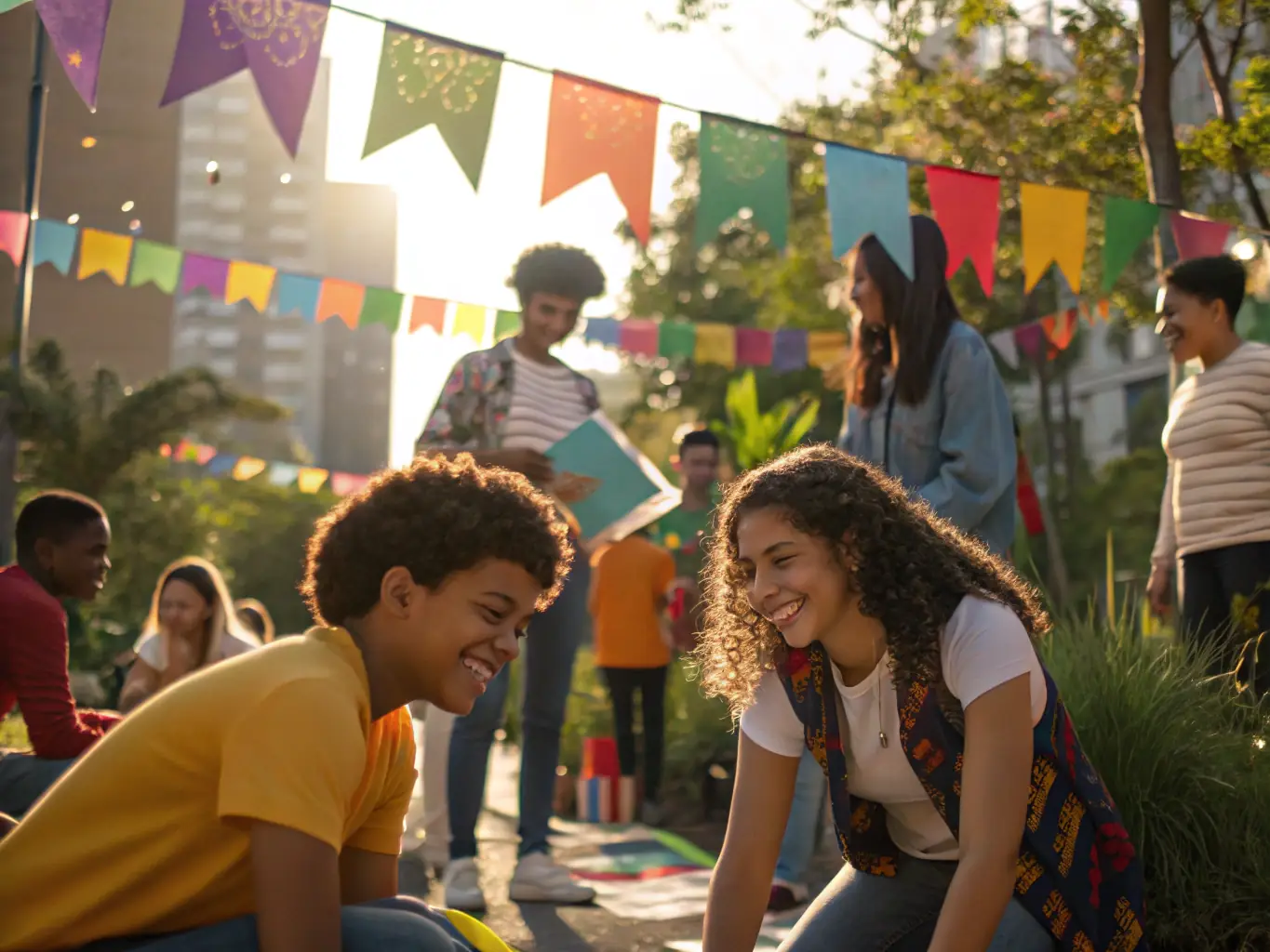 A vibrant scene of a community event, showcasing individuals engaging in cultural exchange and social interaction, highlighting SOLIDARITE ET DEVELOPPEMENT's efforts to build community bonds.