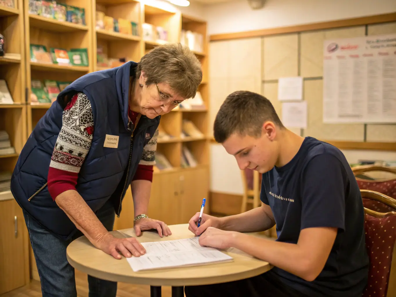 A photograph depicting volunteers assisting community members with job searching and resume building, highlighting the professional development aspect of SOLIDARITE ET DEVELOPPEMENT's activities.